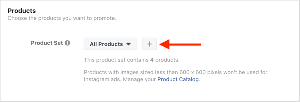 Vyberte si produkty, které chcete propagovat ve své dynamické reklamní kampani na Facebooku.