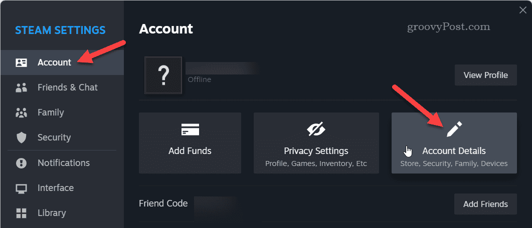 Otevřete podrobnosti o účtu ve službě Steam
