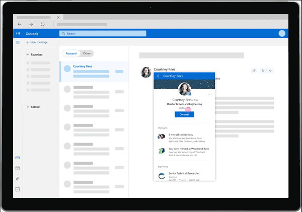 LinkedIn nyní poskytne bohaté přehledy, jako jsou profilové obrázky, pracovní historie a další, přímo z osobní doručené pošty uživatele Outlook.com.