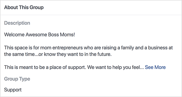 Toto je snímek obrazovky s popisem skupiny Boss Moms na Facebooku, kterou pořádá Dana Malstaff. Popis je černý text na bílém pozadí. První řádek říká „Welcome Awesome Boss Moms!“. Druhý řádek říká: „Tento prostor je pro maminky podnikatele, kteří současně vychovávají rodinu a podnikání... nebo vědí, že v budoucnu chtějí. “ Třetí řádek říká „Toto má být místem podpory. Chceme vám pomoci cítit se... “A poté se zobrazí odkaz Zobrazit více. Typ skupiny je seznam jako Podpora.