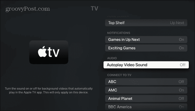 Zakažte automatické přehrávání videa a zvuku na Apple TV