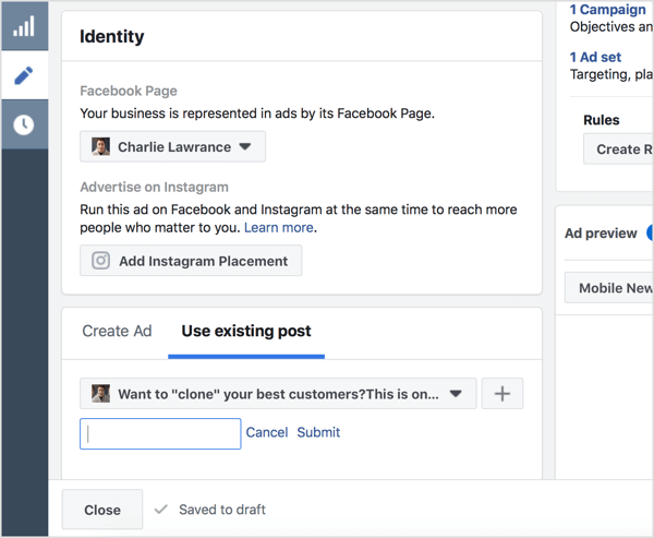Vyberte Použít existující příspěvek a zadejte ID příspěvku na Facebooku.