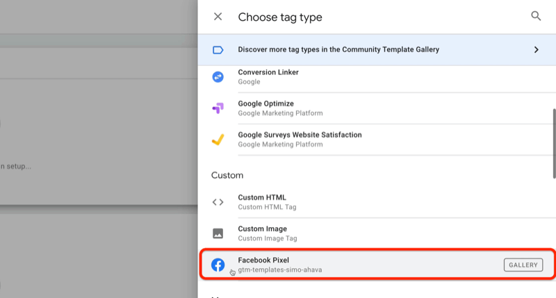 příklad nového správce tagů google s nabídkou výběru typu tagu a možností facebook pixel zvýrazněnou pod vlastní sekcí