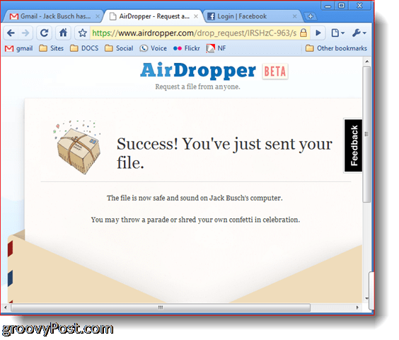 Dropbox Airdropper soubor s obrázkem úspěchu byl odeslán