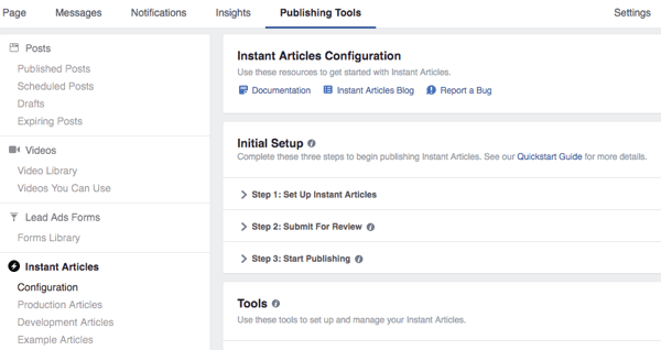 nástroje pro publikování na Facebooku okamžité články