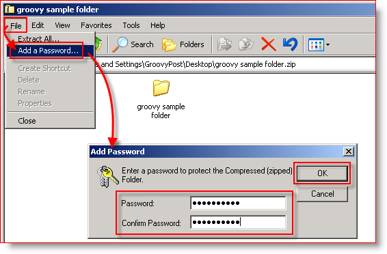 Vestavěná komprese Windows XP - přidání hesla