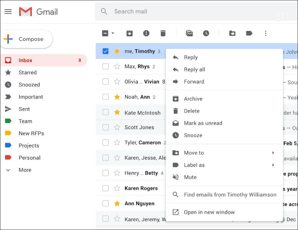 Kontextové menu Gmailu pravým tlačítkem