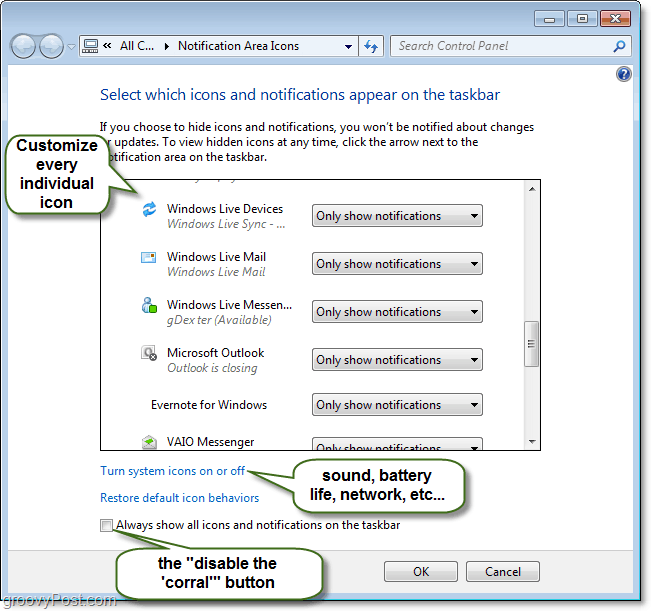 přizpůsobte ovládací panel oznámení na hlavním panelu systému Windows 7