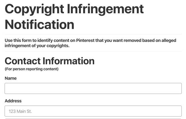 formulář oznámení o porušení autorských práv pinterest