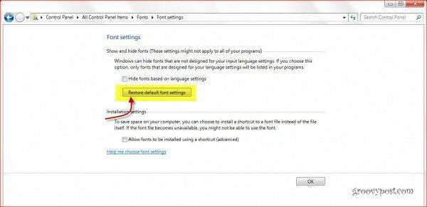 Obnovte výchozí nastavení písem systému Windows 7