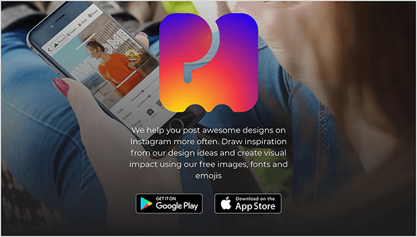 Toto je snímek obrazovky webu PostMuse. Ve středu nahoře je velký obrázek loga PostMuse, což je ilustrace P a M vyplněných zakřiveným přechodem. Přechod shora dolů zahrnuje přechod fialový, fuschia, červený, oranžový a žlutý. Pod logem je následující bílý text: „Pomáháme vám častěji přidávat úžasné vzory na Instagram. Načerpejte inspiraci z našich návrhových nápadů a vytvořte vizuální dopad pomocí našich bezplatných obrázků, písem a emodži. “ Pod textem jsou tlačítka, která se připojují k obchodu Google Play a App Store. Obrázek na pozadí webu je fotka bělocha s červenými pěstěnými nehty, který drží smartphone a používá aplikaci PostMuse. Fotografie se pořizuje přes rameno osoby a hloubka ostrosti rozmazává vlasy a krk osoby, aby zaostřila na telefon. Nohy této osoby jsou natažené před nimi a má na sobě modré džíny.