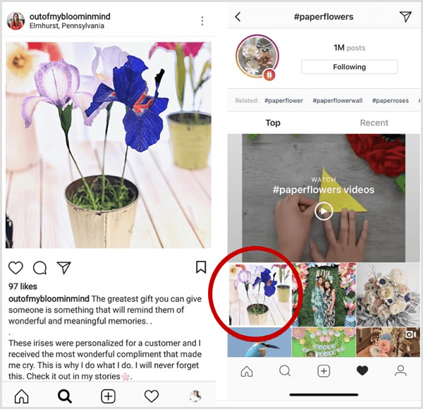 příklad příspěvku Instagramu, který se zobrazí jako první ve výsledcích vyhledávání pro konkrétní hashtag