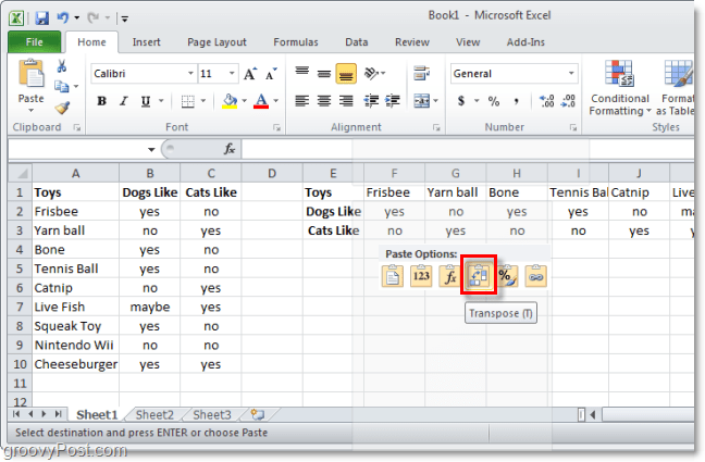 vložit do Excelu pomocí transpozice
