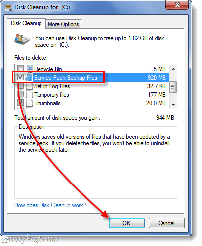 čištění záložního souboru aktualizace Service Pack v systému Windows 7
