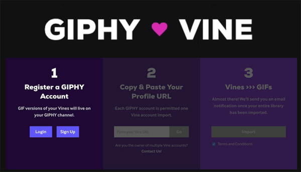 GIPHY zavedl nový nástroj GIPHY ine Vine, který dokáže převést všechny Vines, které jste vytvořili, do sdílených souborů GIF.