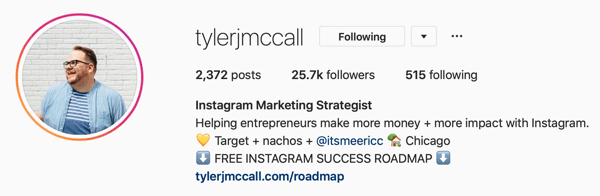 Příklad profilu Instagram Business pic a bio informací od @tylerjmccall.