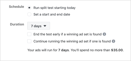 Vyberte možnost Spustit test rozdělení od dnešního dne pro test rozdělení na Facebooku.