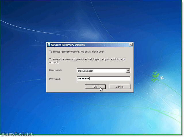 zadejte své uživatelské jméno a heslo pro obnovení systému Windows 7