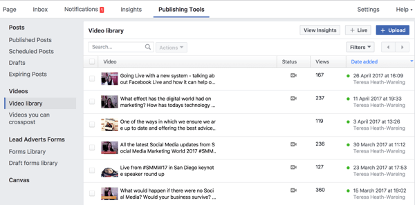 Ke své kompletní knihovně videí na Facebooku se dostanete pod Publishing Tools.