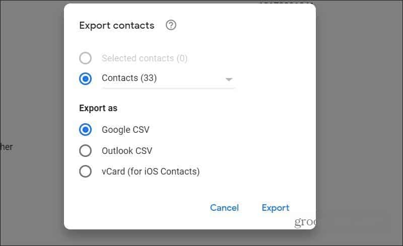 exportovat kontakty