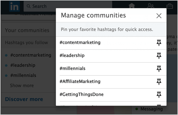 Klikněte na ikonu Připnout vedle hashtagů LinkedIn, které chcete přidat a připnout do svého seznamu.