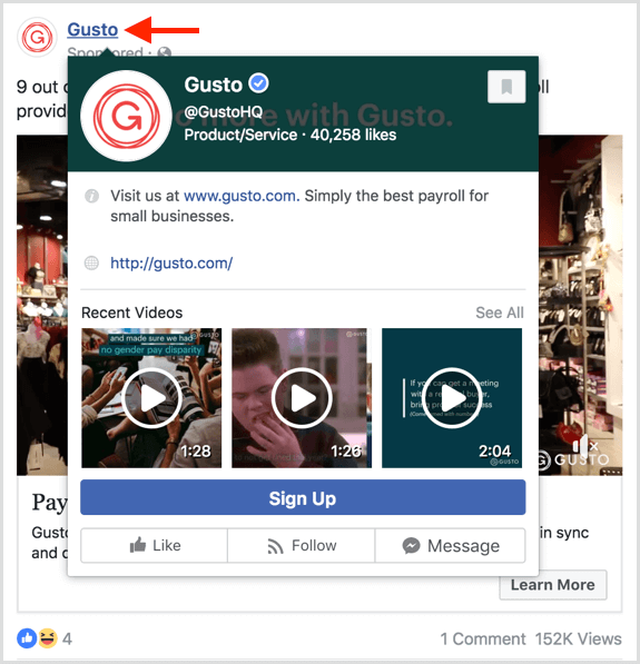 Uživatelé uvidí náhled, když najedou myší nad stránkou v reklamách na Facebooku.