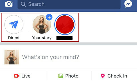 Přístup k Facebook Stories a Direct Inbox.