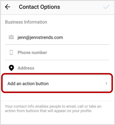 Přidejte na obrazovku Možnosti kontaktu Instagramu možnost Tlačítko akce