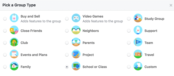Vyberte typ skupiny a dejte uživatelům vědět více o vaší skupině.