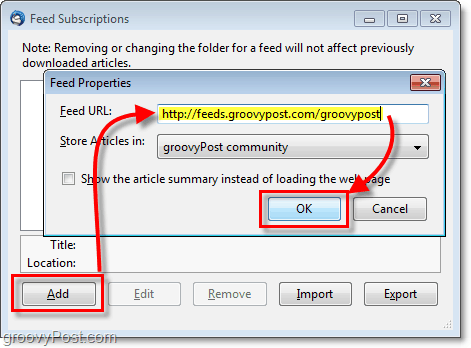 zadejte URL zdroje z tlačítka přidat do vlastností zdroje do 