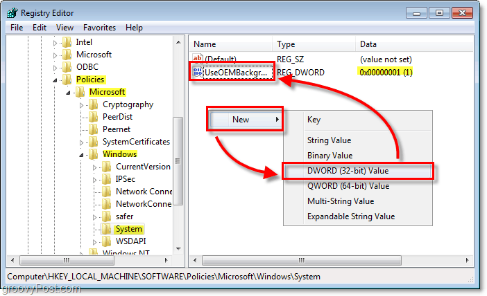vyhledejte klíč registru Windows 7 HKEY_LOCAL_MACHINESOFTWAREPoliciesMicrosoftWindowsSystem