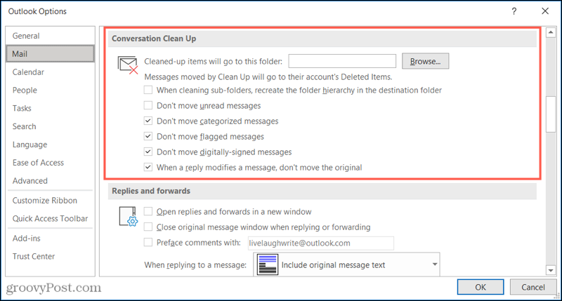 Nastavení vyčištění konverzace v aplikaci Outlook