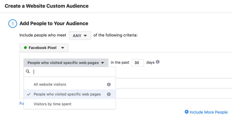 dialogové okno pro vytvoření vlastního publika návštěvníka webu Facebook