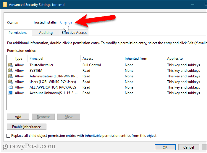 Klepněte na odkaz Změnit pro vlastníka klíče v registru systému Windows