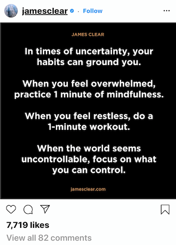 James Clear Instagram post o tom, jak vás návyky mohou uzemnit v době nejistoty