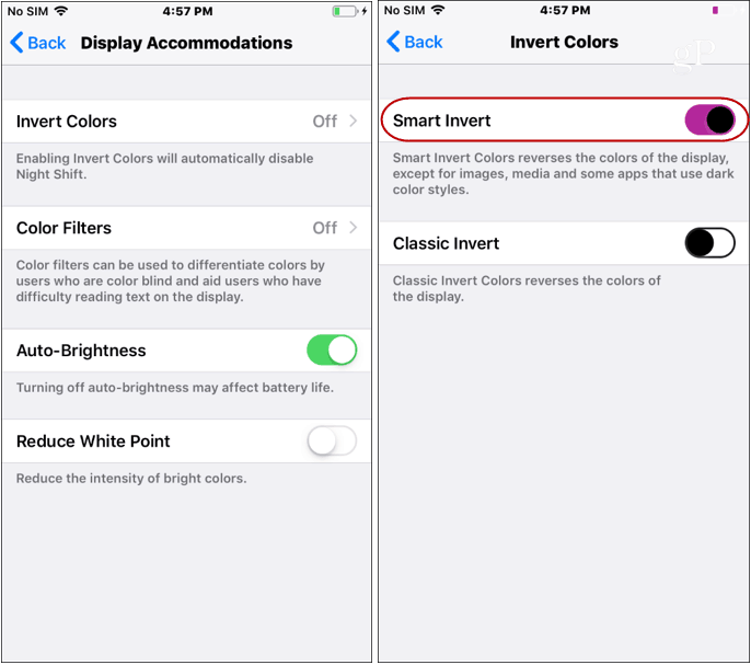 Nastavení tmavého režimu iOS invertuje barvy