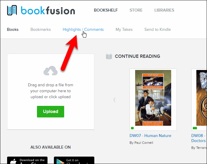 Ve webovém rozhraní BookFusion klikněte na Highlights / Comments