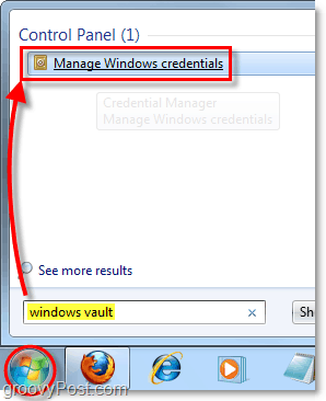 přístup k trezoru oken z vyhledávání v nabídce Start v systému Windows 7
