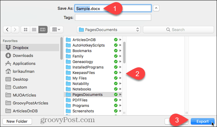 Vyberte umístění pro exportovaný soubor a klikněte na Exportovat na stránkách pro Mac