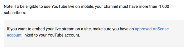 Služba YouTube Live prostřednictvím mobilu vyžaduje, abyste měli pro svůj kanál 1 000 a více sledujících.