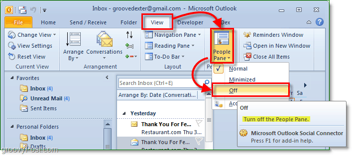 jak vypnout panel lidí v aplikaci Microsoft Office Outlook 2010