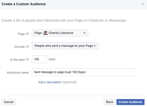 Vyberte možnost pro vytvoření publika lidí, kteří poslali zprávu na vaši stránku na Facebooku.