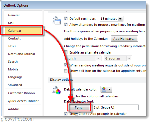 Jak změnit písmo Navigator kalendářního data aplikace Outlook 2010