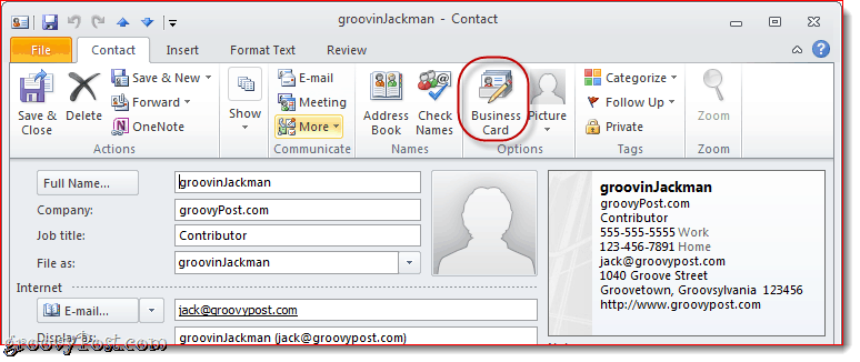 Upravit vizitku v aplikaci Outlook 2010