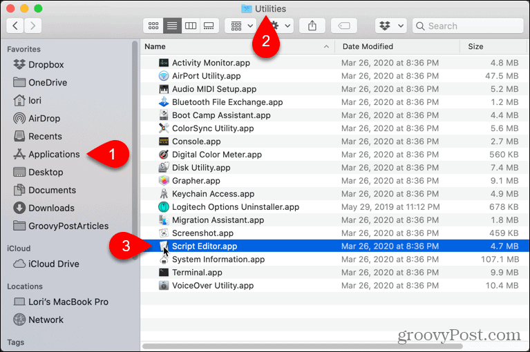 Otevřete Editor skriptů na Mac