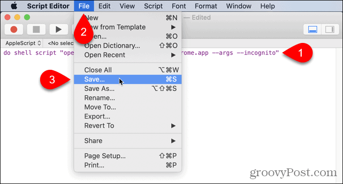 Přejděte do nabídky Soubor> Uložit do editoru skriptů v systému Mac