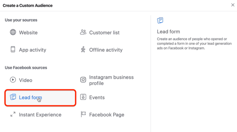 Možnost Lead Form pro vlastní publikum na Facebooku