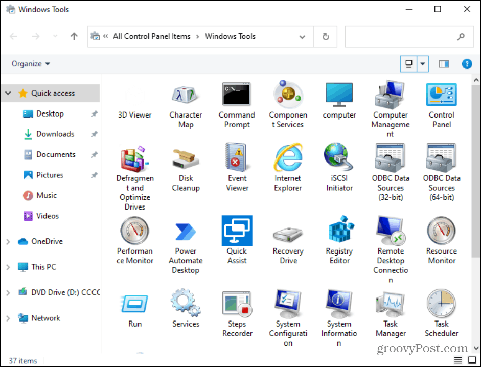 položky ve složce Nástroje systému Windows