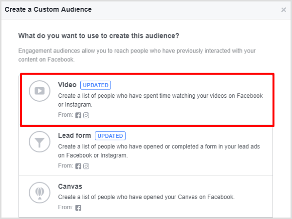 Vyberte možnost Zapojení videa pro vlastní publikum na Facebooku.