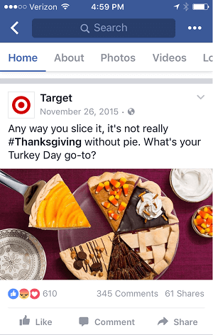 Tento příspěvek na Den díkůvzdání od Target se dobře zobrazuje na stolních i mobilních kanálech.